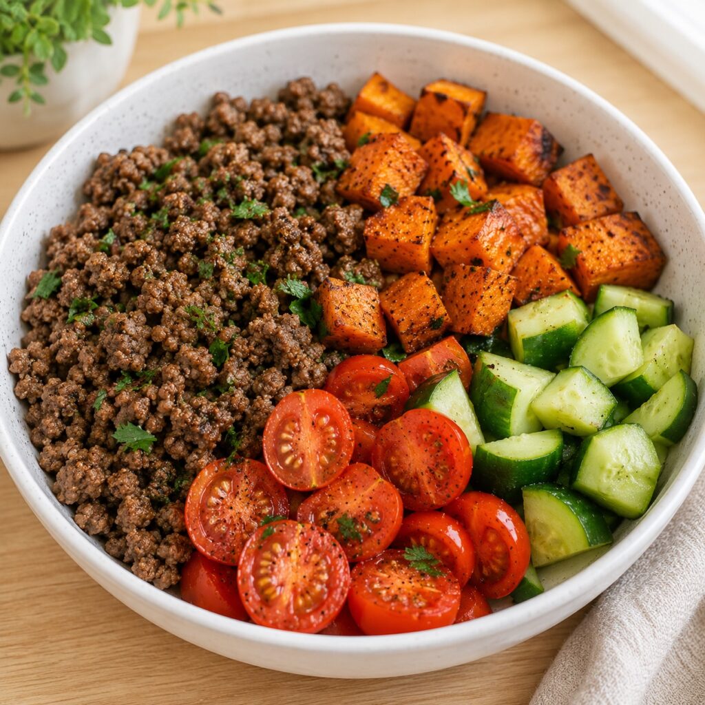 beef sweet potato protein bowl