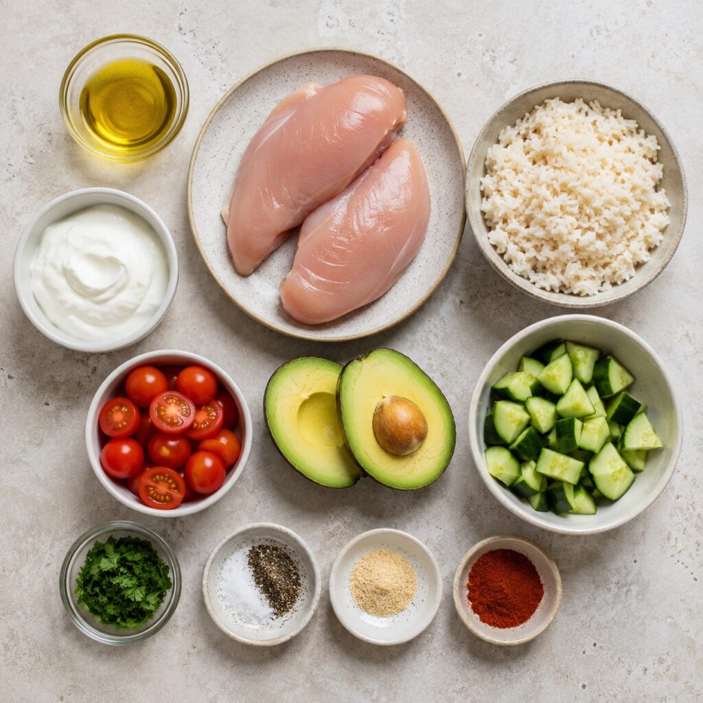 Easy Low Calorie Chicken Rice Bowl Recipe (High Protein Dinner) chicken rice bowl ingredients