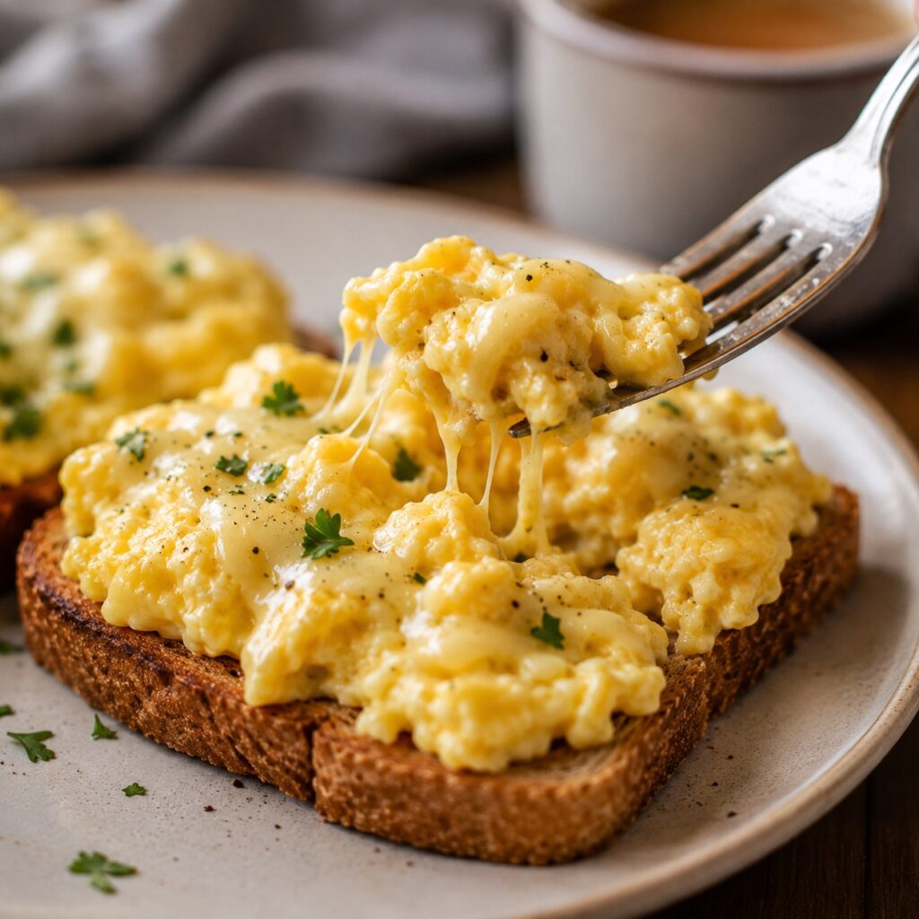High Protein Egg Toast (Low Calorie & Easy Breakfast) creamy egg toast close up