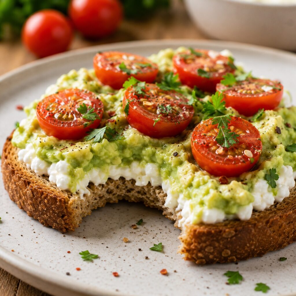 Avocado Cottage Cheese Toast (Low Calorie & High Protein) healthy avocado toast close up