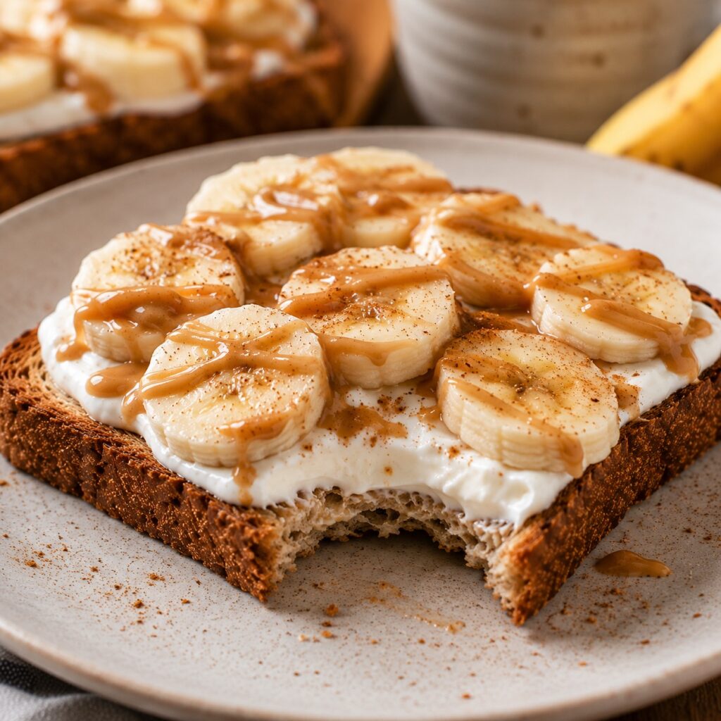 Banana Peanut Butter Yogurt Toast healthy banana yogurt toast close up