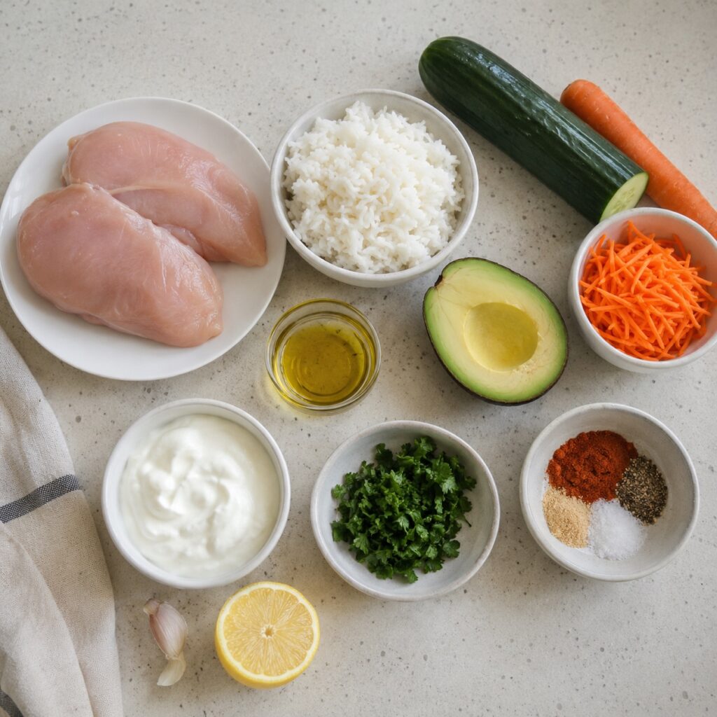 Healthy Chicken Rice Bowl – Easy Low Calorie Lunch Recipe healthy chicken bowl ingredients