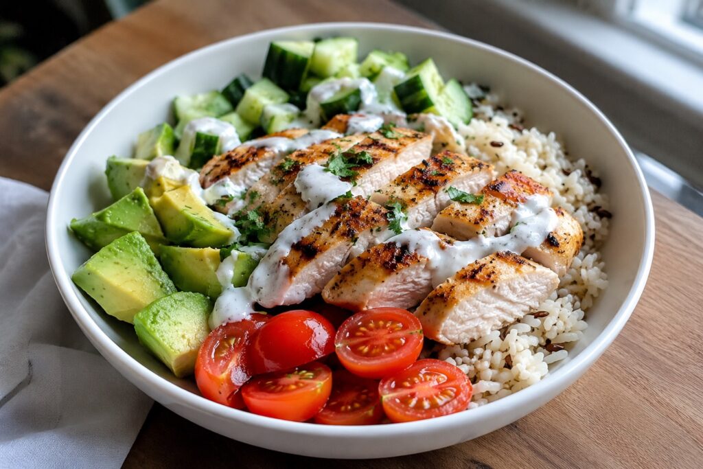 Easy Low Calorie Chicken Rice Bowl Recipe (High Protein Dinner) healthy chicken rice bowl