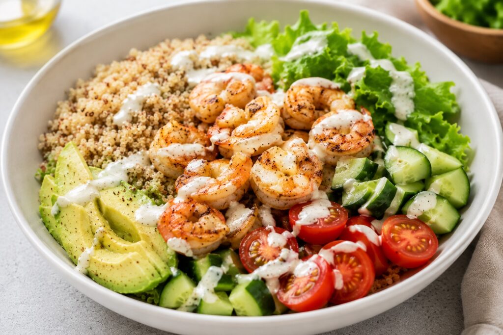 healthy shrimp quinoa bowl