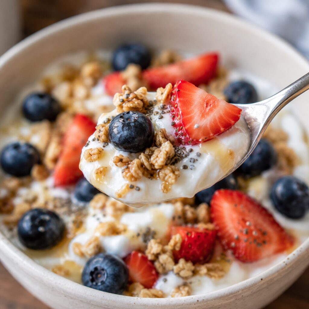 High Protein Yogurt Breakfast Bowl (Low Calorie & Easy) healthy yogurt breakfast bowl close up