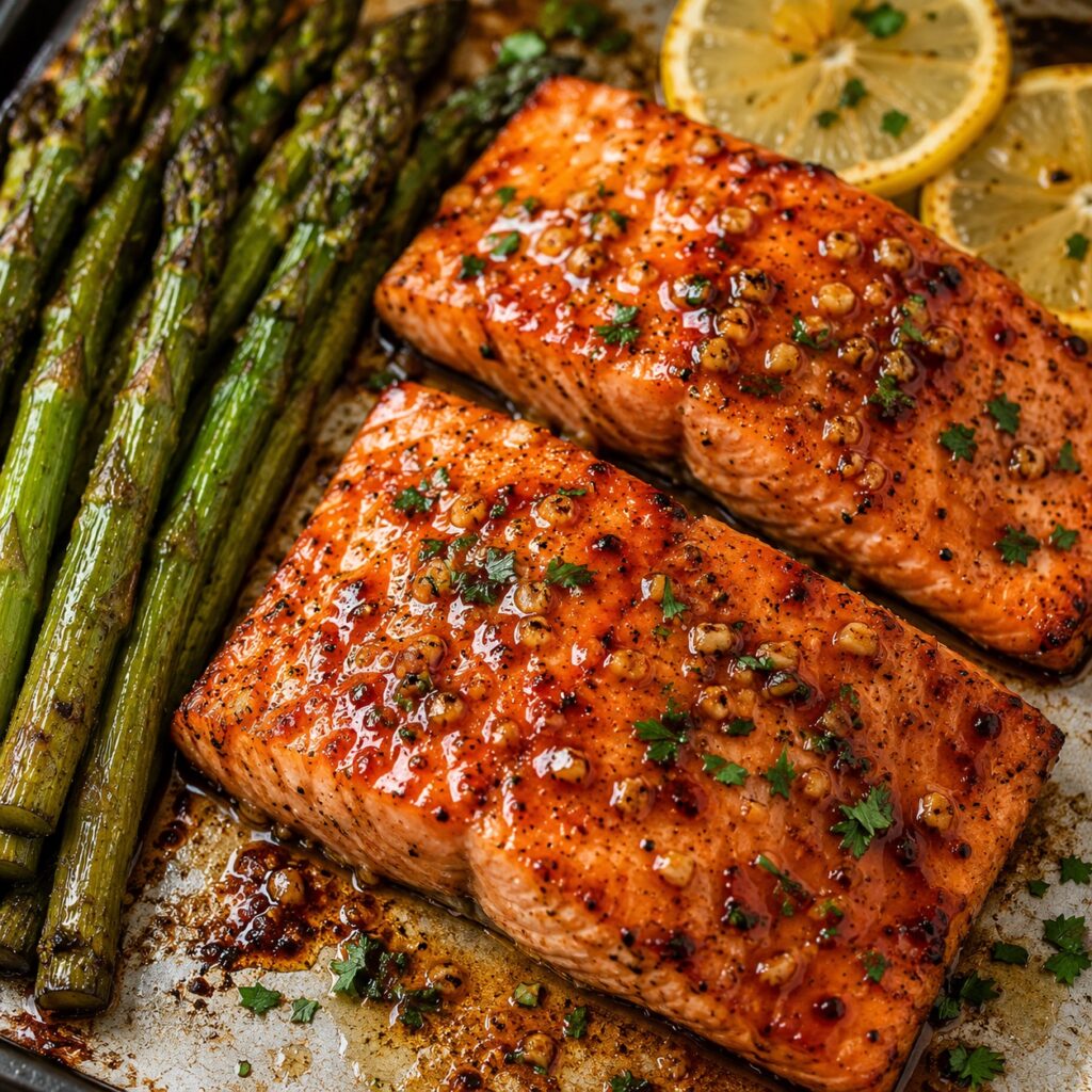 Honey Garlic Salmon with Roasted Asparagus low calorie salmon dinner