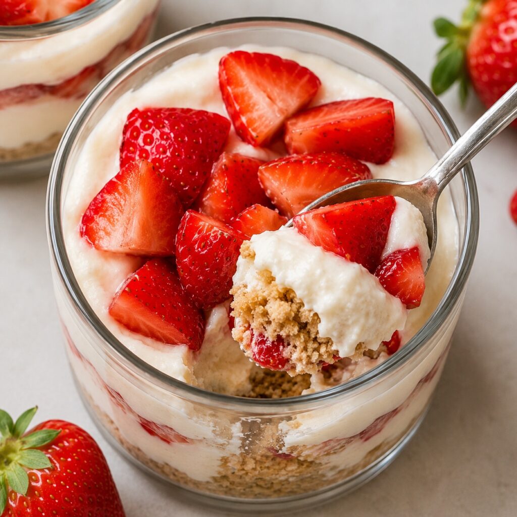 Strawberry Cottage Cheese Cheesecake Cups low calorie strawberry cheesecake