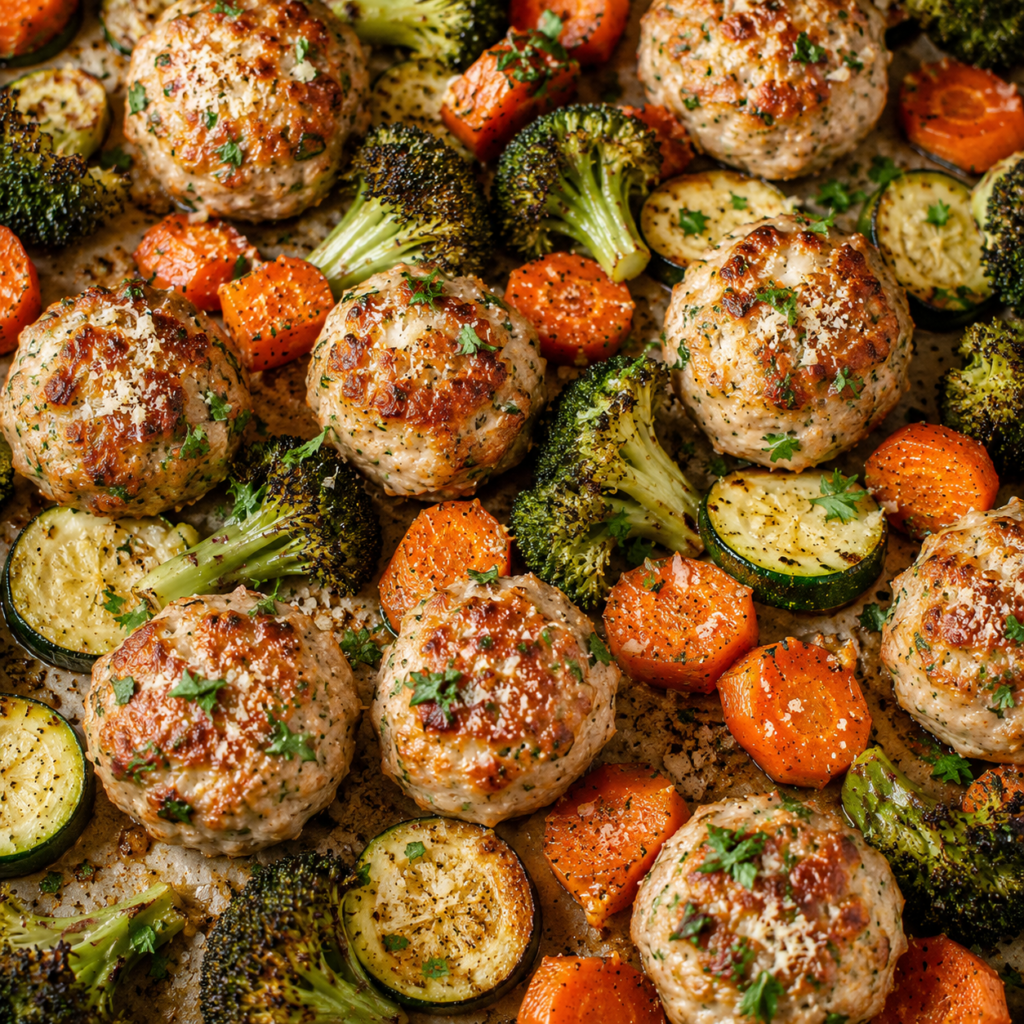 Garlic Parmesan Turkey Meatballs with Roasted Vegetables low calorie turkey meatballs