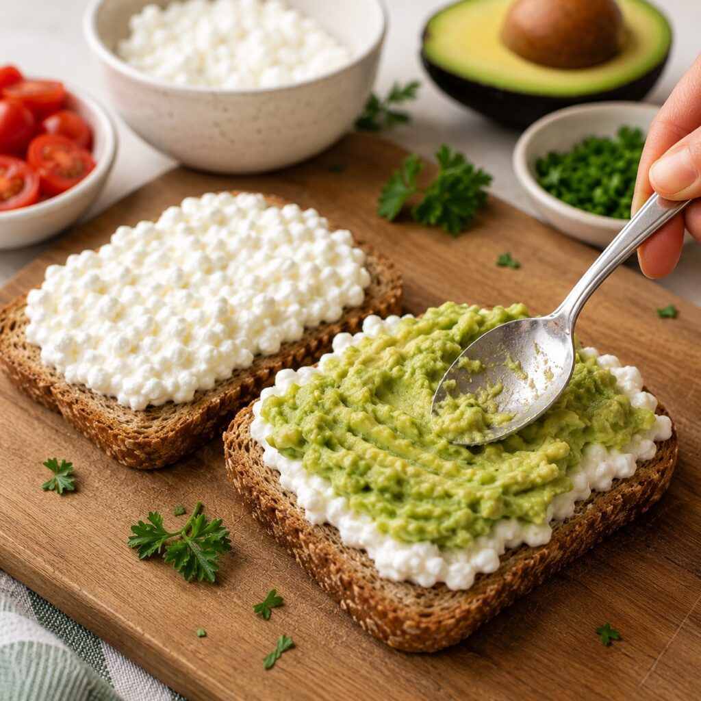 Avocado Cottage Cheese Toast (Low Calorie & High Protein) making avocado cottage cheese toast