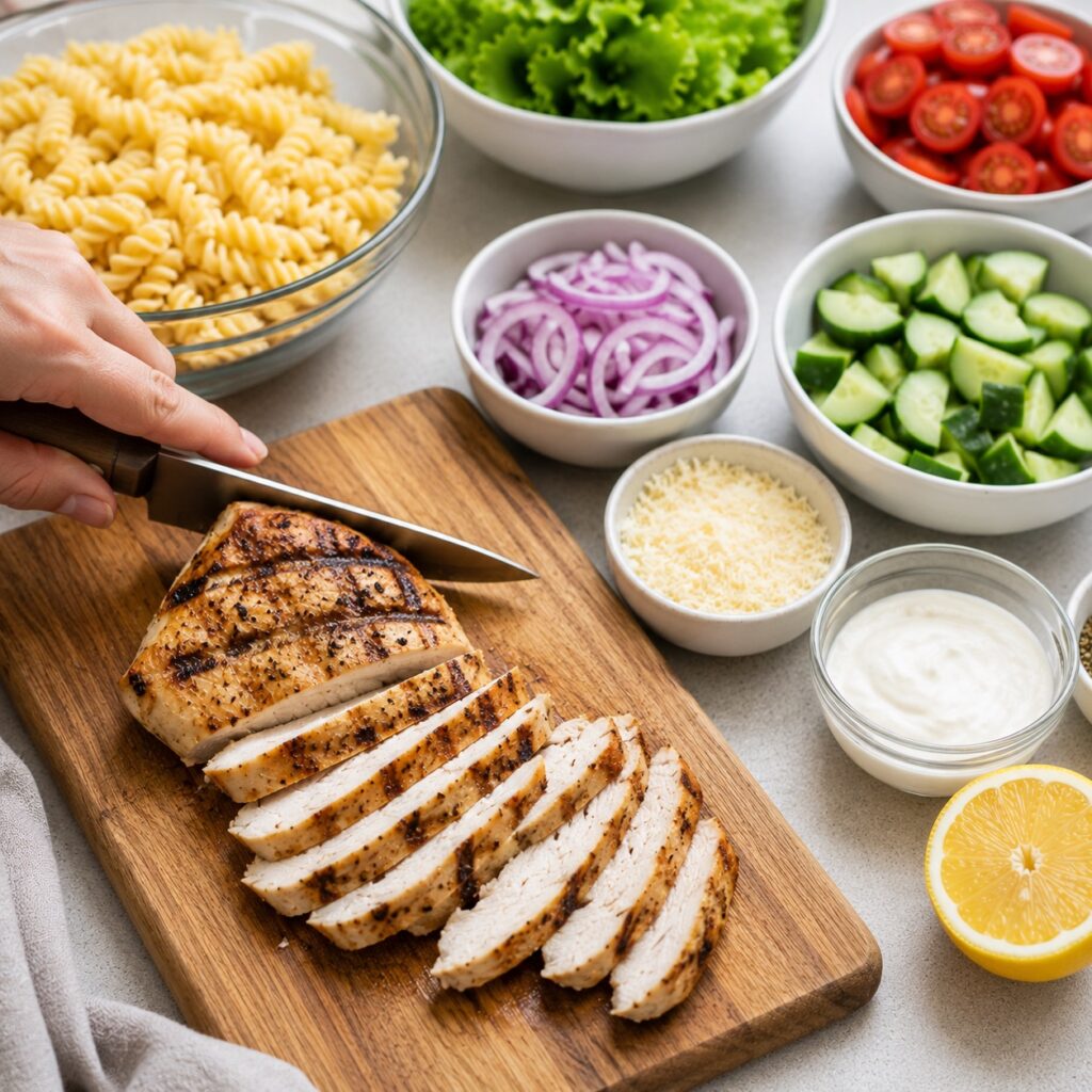 making chicken pasta salad