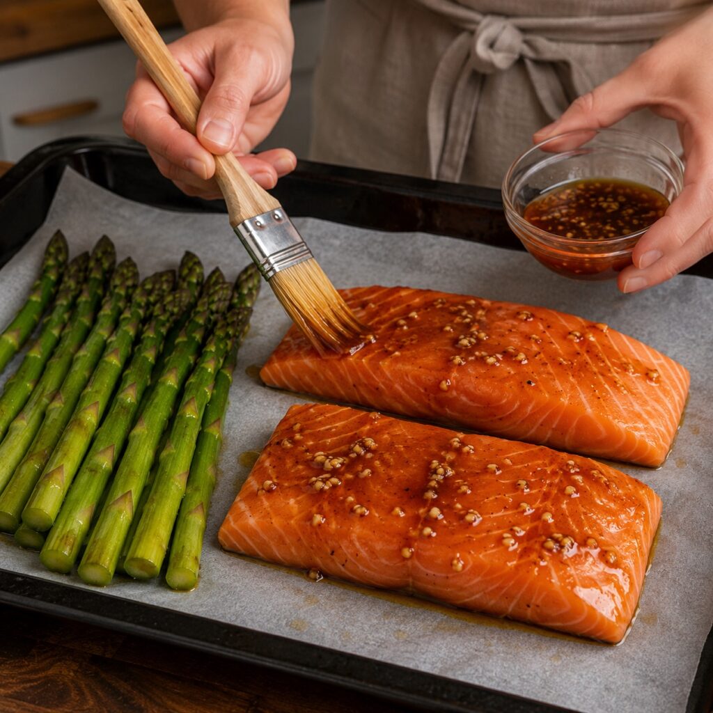 Honey Garlic Salmon with Roasted Asparagus making honey garlic salmon