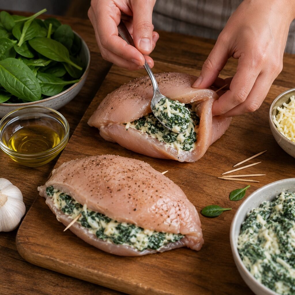 making spinach stuffed chicken