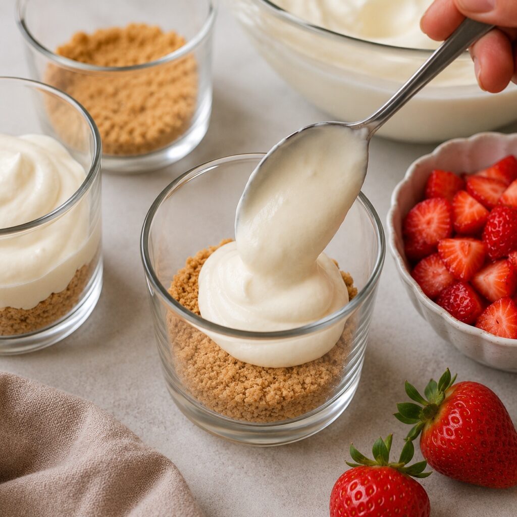 Strawberry Cottage Cheese Cheesecake Cups making strawberry cheesecake cups