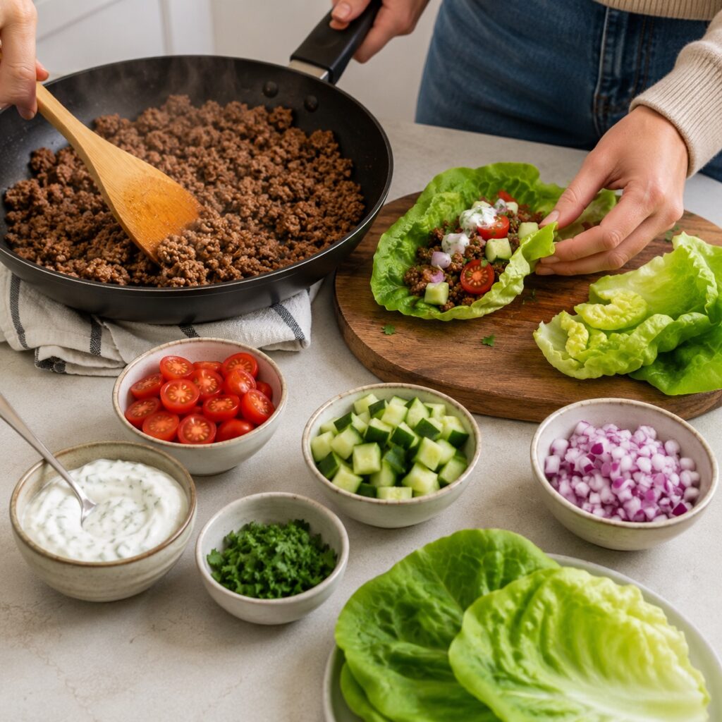 High Protein Taco Lettuce Wraps Recipe making taco lettuce wraps