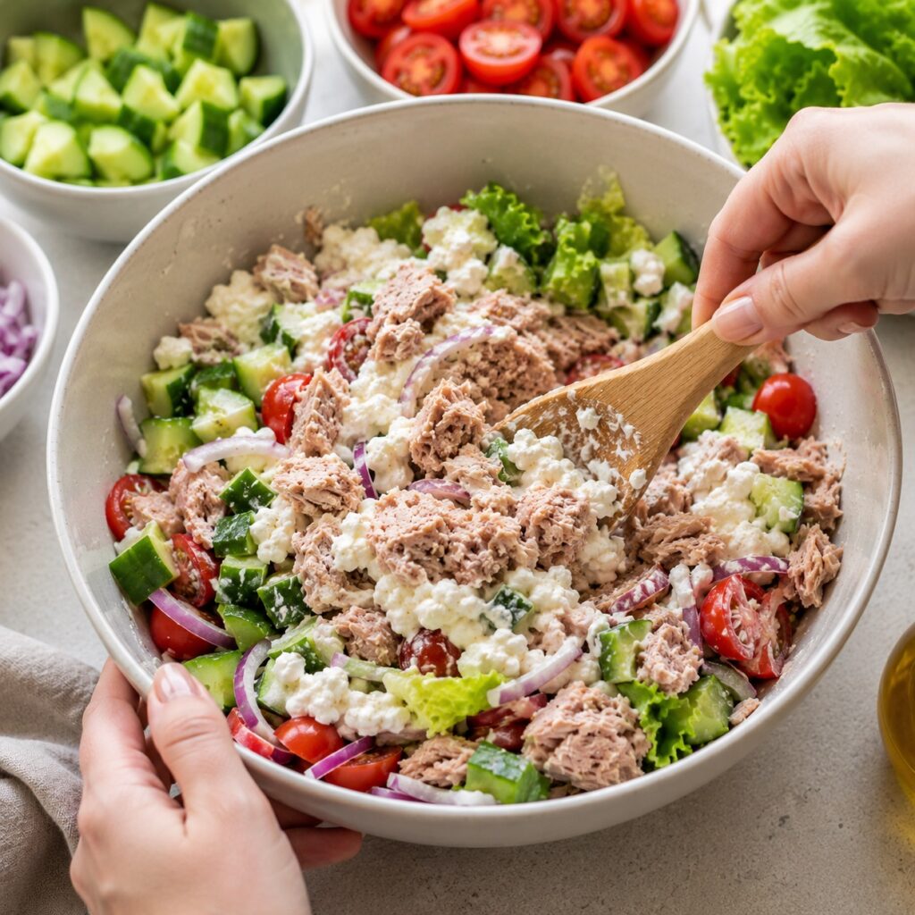 Tuna Cottage Cheese Salad – Easy Low Calorie Lunch Recipe making tuna cottage cheese salad
