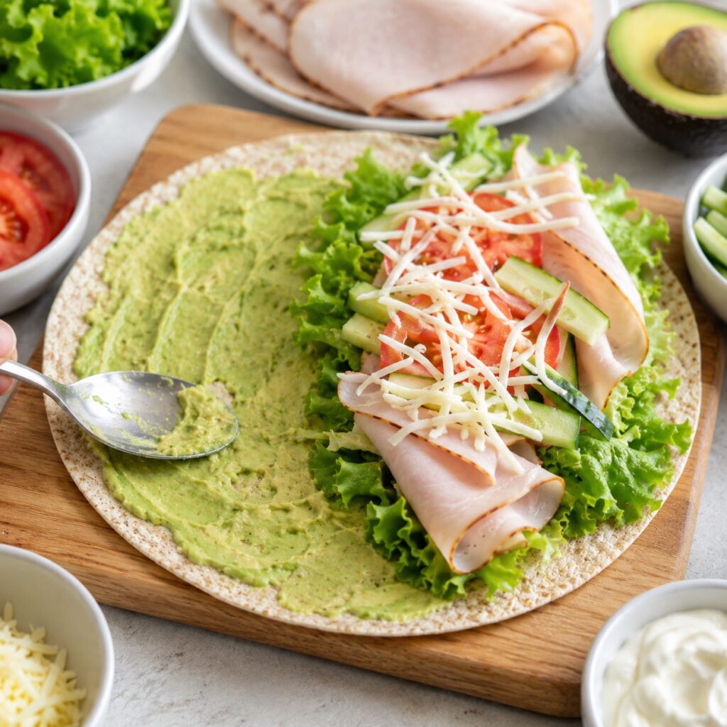 Turkey Avocado Wrap – Easy Low Calorie Lunch Recipe making turkey avocado wrap