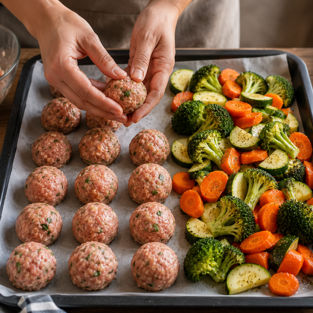 Garlic Parmesan Turkey Meatballs with Roasted Vegetables making turkey meatballs