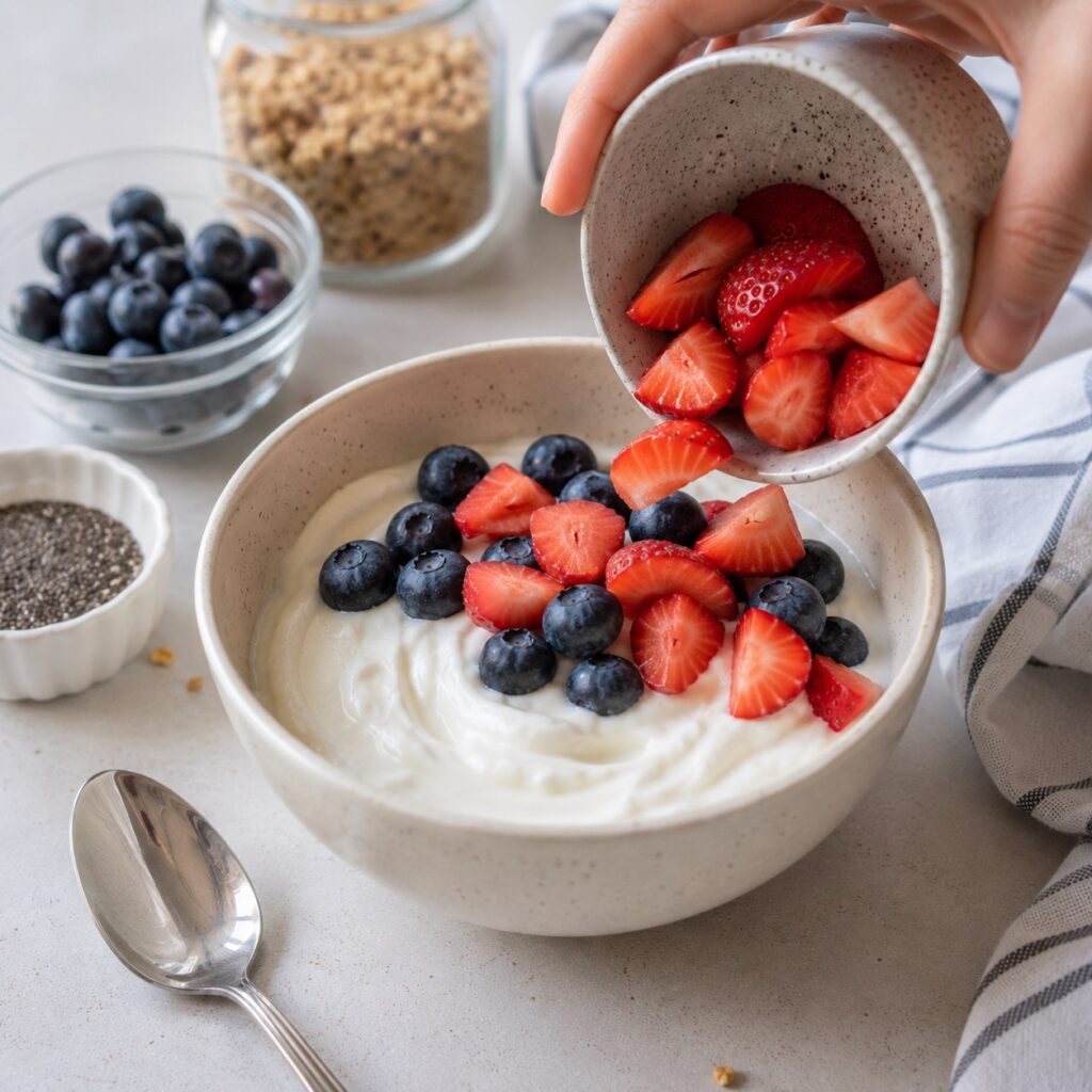 High Protein Yogurt Breakfast Bowl (Low Calorie & Easy) making yogurt breakfast bowl