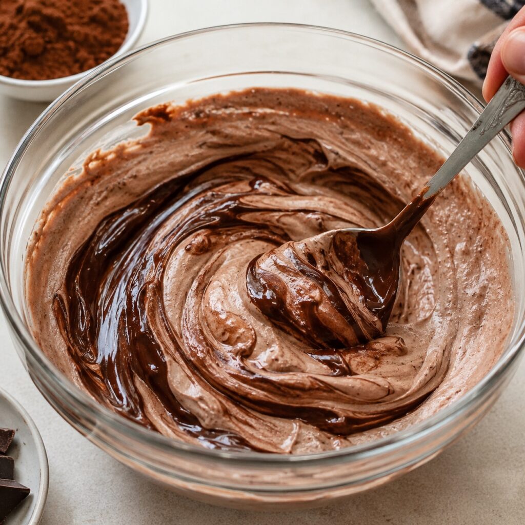 Healthy Chocolate Yogurt Dessert Cups (Low Calorie & High Protein) mixing chocolate yogurt dessert