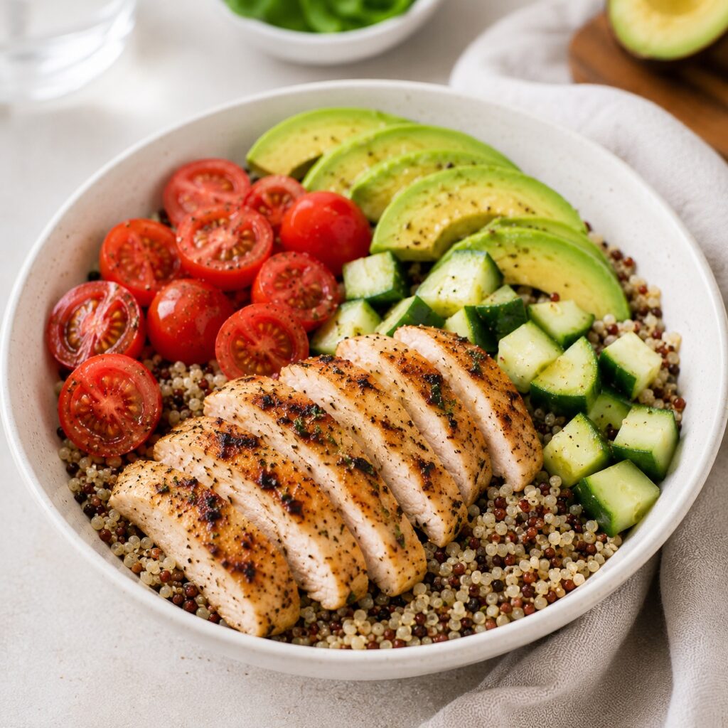 Healthy High Protein 2000 Calorie Meal Plan for Easy Meal Prep chicken quinoa power bowl