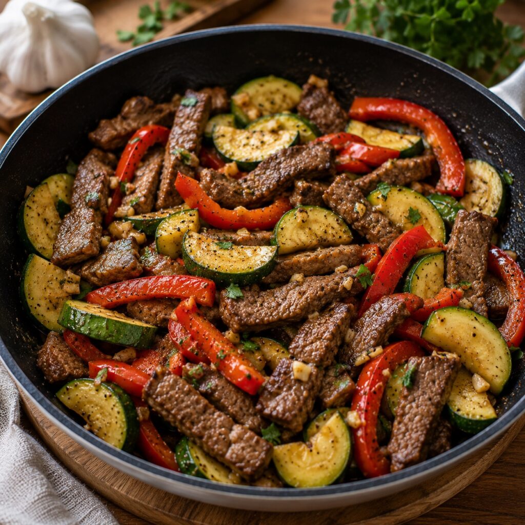 Easy High Protein 1500 Calorie Menu for Fat Loss garlic beef vegetable skillet