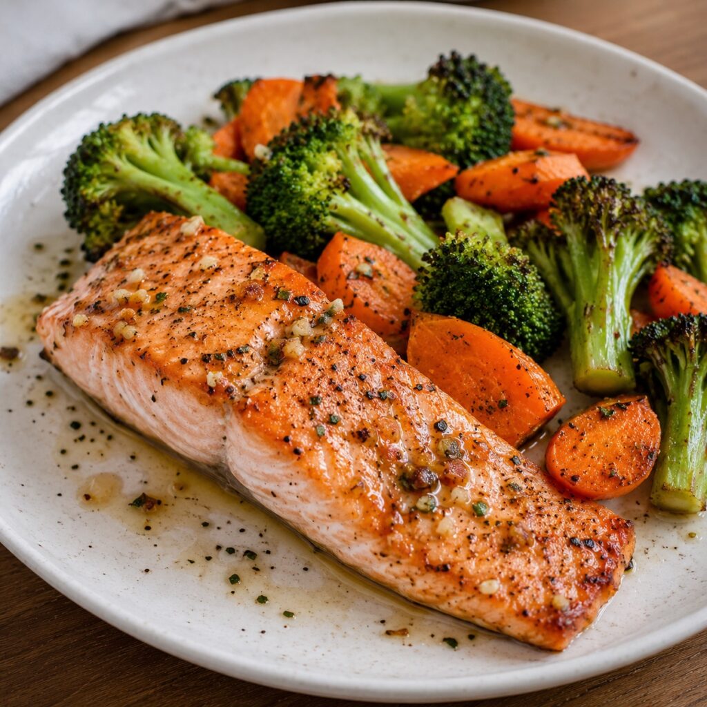 High Protein 1500 Calorie Meal Plan garlic salmon roasted vegetables