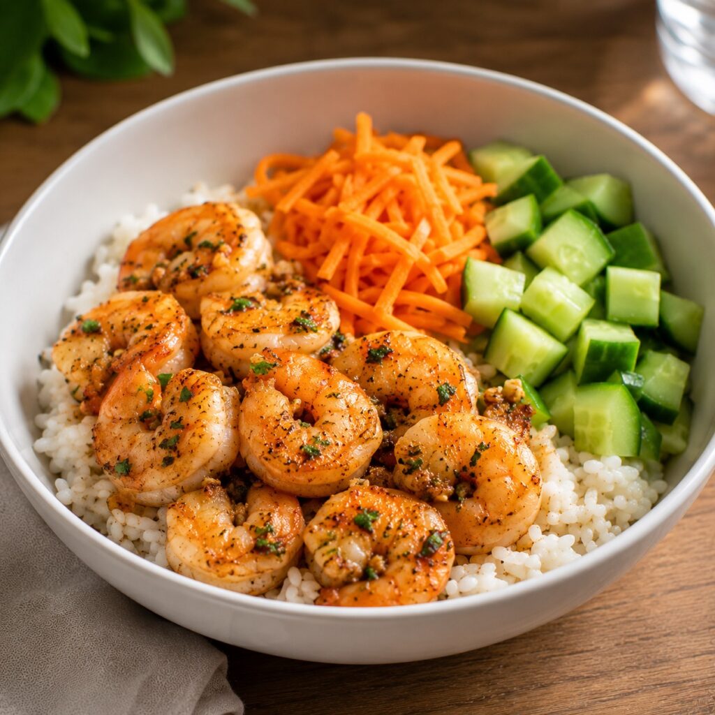 Simple High Protein Meals Under 1500 Calories garlic shrimp rice bowl