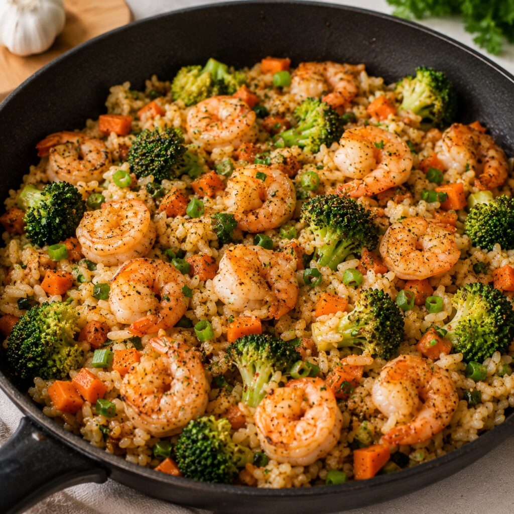 Healthy High Protein 2000 Calorie Meal Plan for Easy Meal Prep garlic shrimp rice skillet