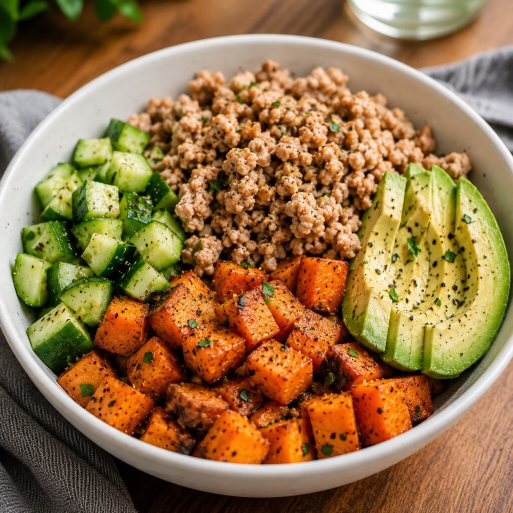 Easy High Protein 1500 Calorie Menu for Fat Loss turkey sweet potato protein bowl