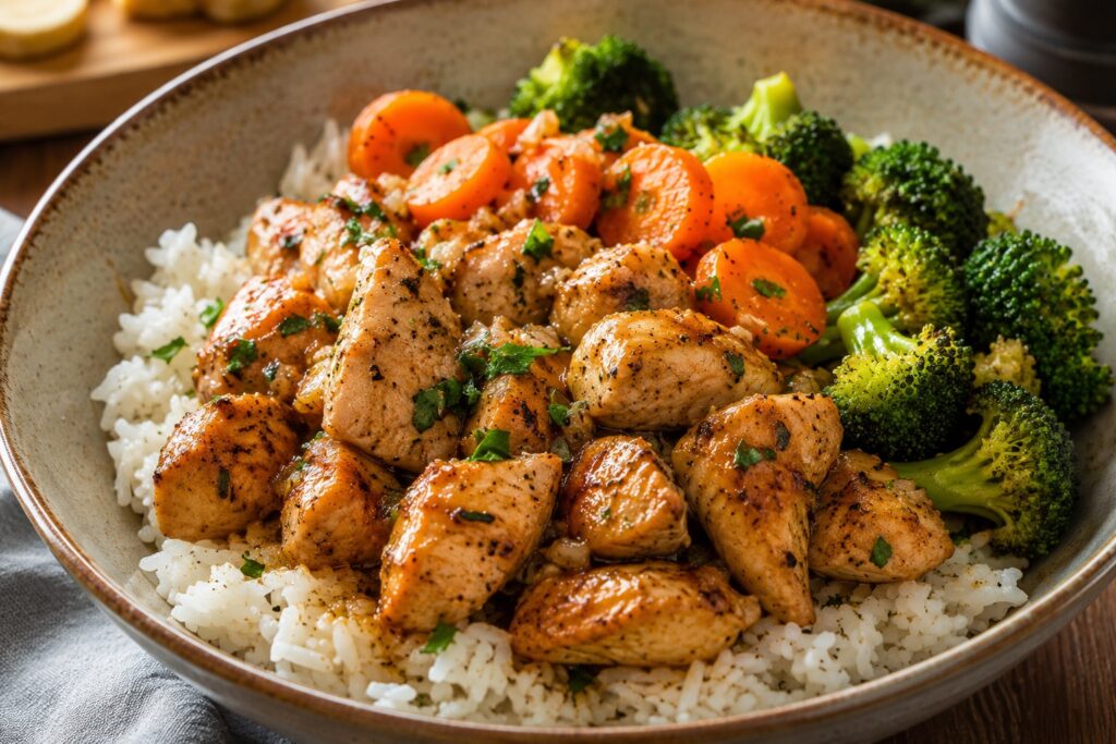 budget garlic butter chicken rice bowl