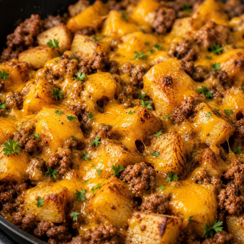 Cheesy Beef Potato Skillet Under $5 cheesy beef potato skillet close up