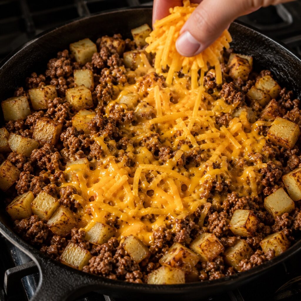 Cheesy Beef Potato Skillet Under $5 cooking cheesy beef potato skillet