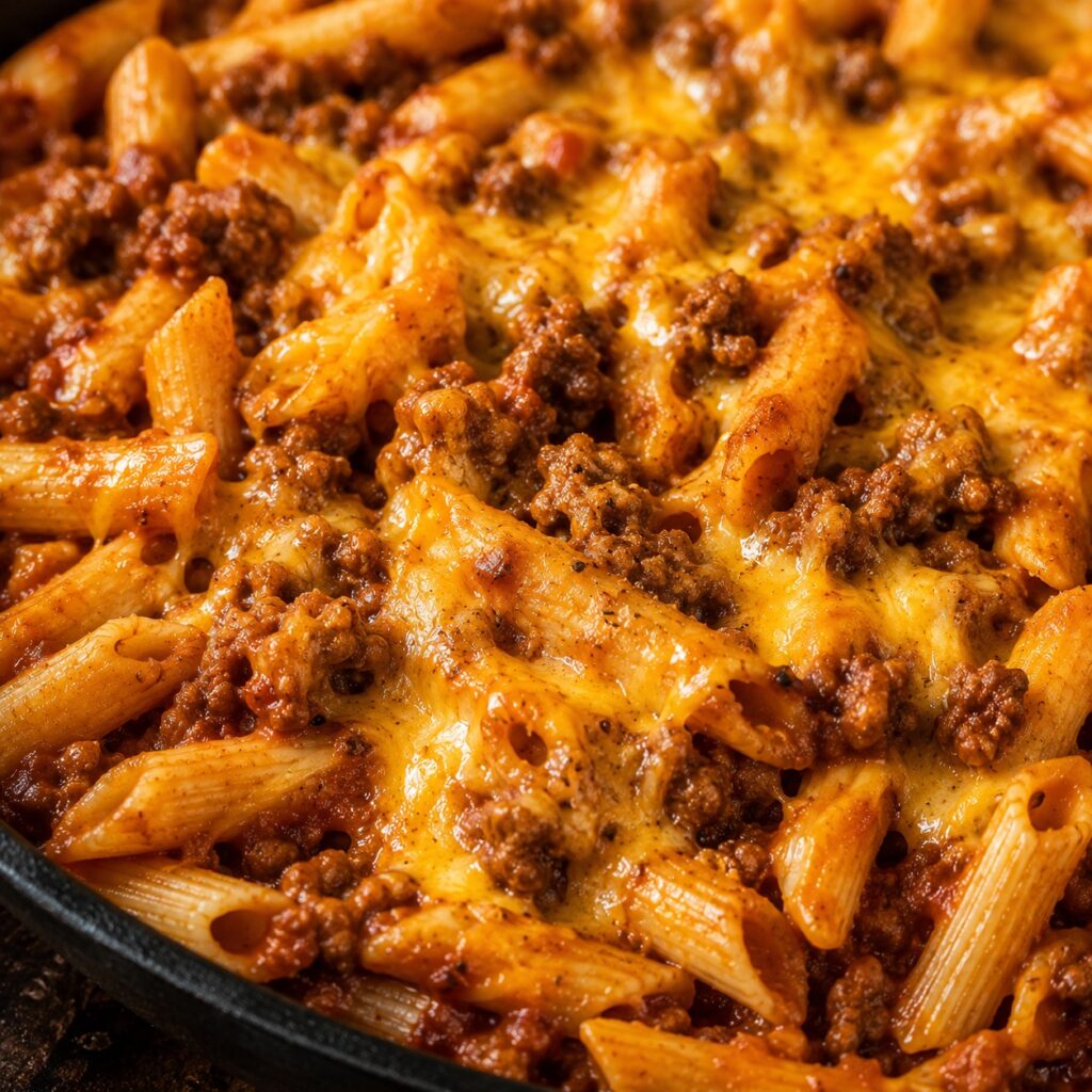 This cheesy beef pasta skillet easy budget dinner under $10 easy budget beef pasta skillet close up