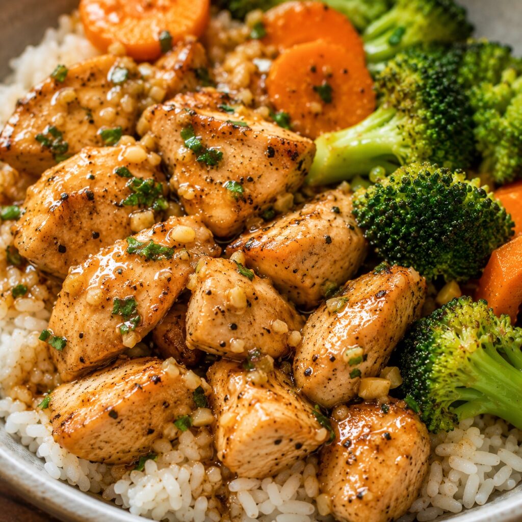 Garlic Butter Chicken Rice Bowl easy budget chicken rice bowl close up
