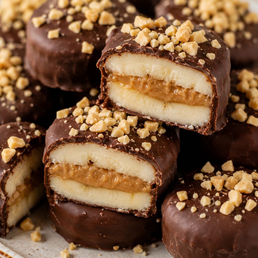 Frozen Peanut Butter Banana Bites Under $5 frozen chocolate peanut butter banana bites close up