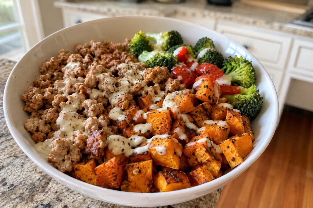 healthy turkey sweet potato bowl
