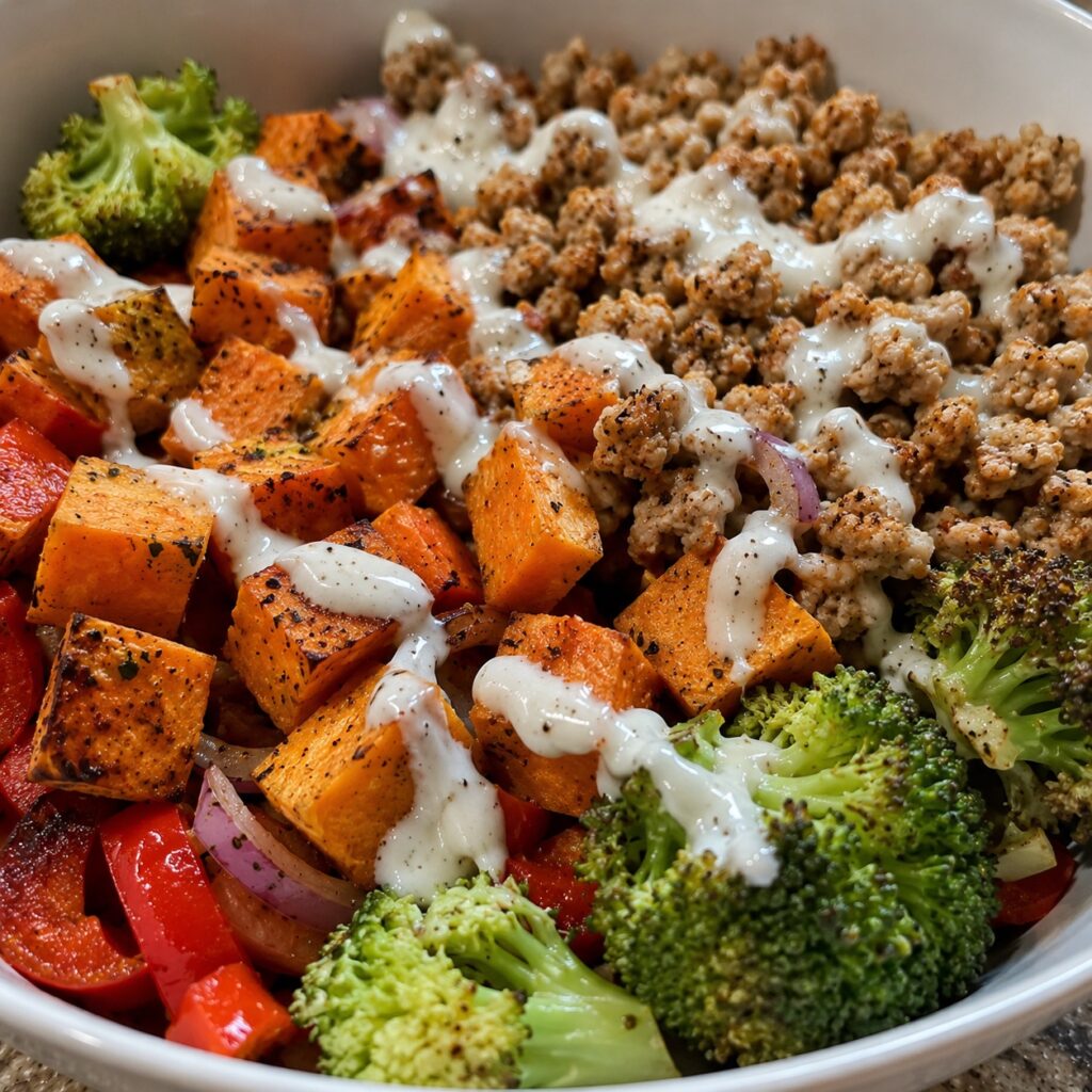 healthy turkey sweet potato bowl close up