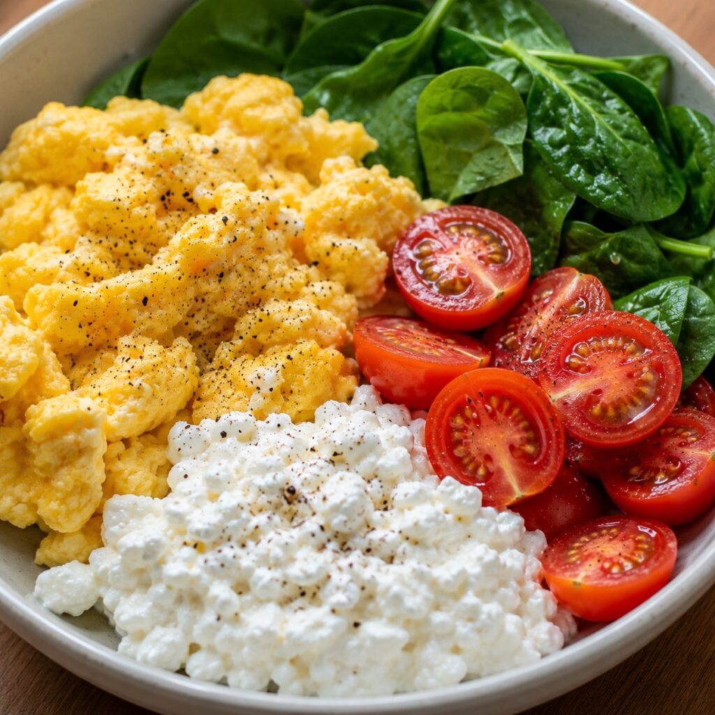 Healthy Breakfast Egg and Cottage Cheese Bowl high protein healthy breakfast bowl close up
