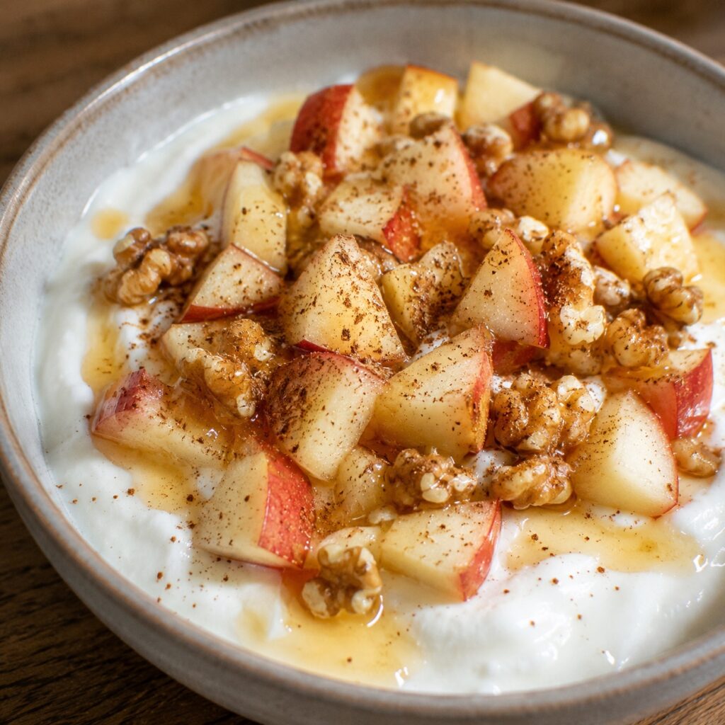 high protein yogurt apple breakfast bowl close up