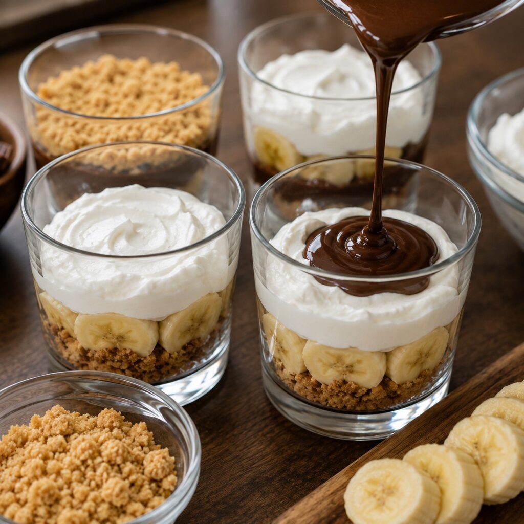 Easy Chocolate Banana Dessert Cups making chocolate banana dessert cups