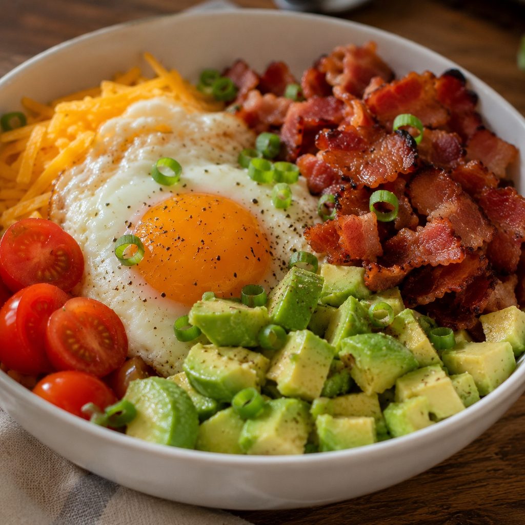 close up keto bacon avocado breakfast bowl