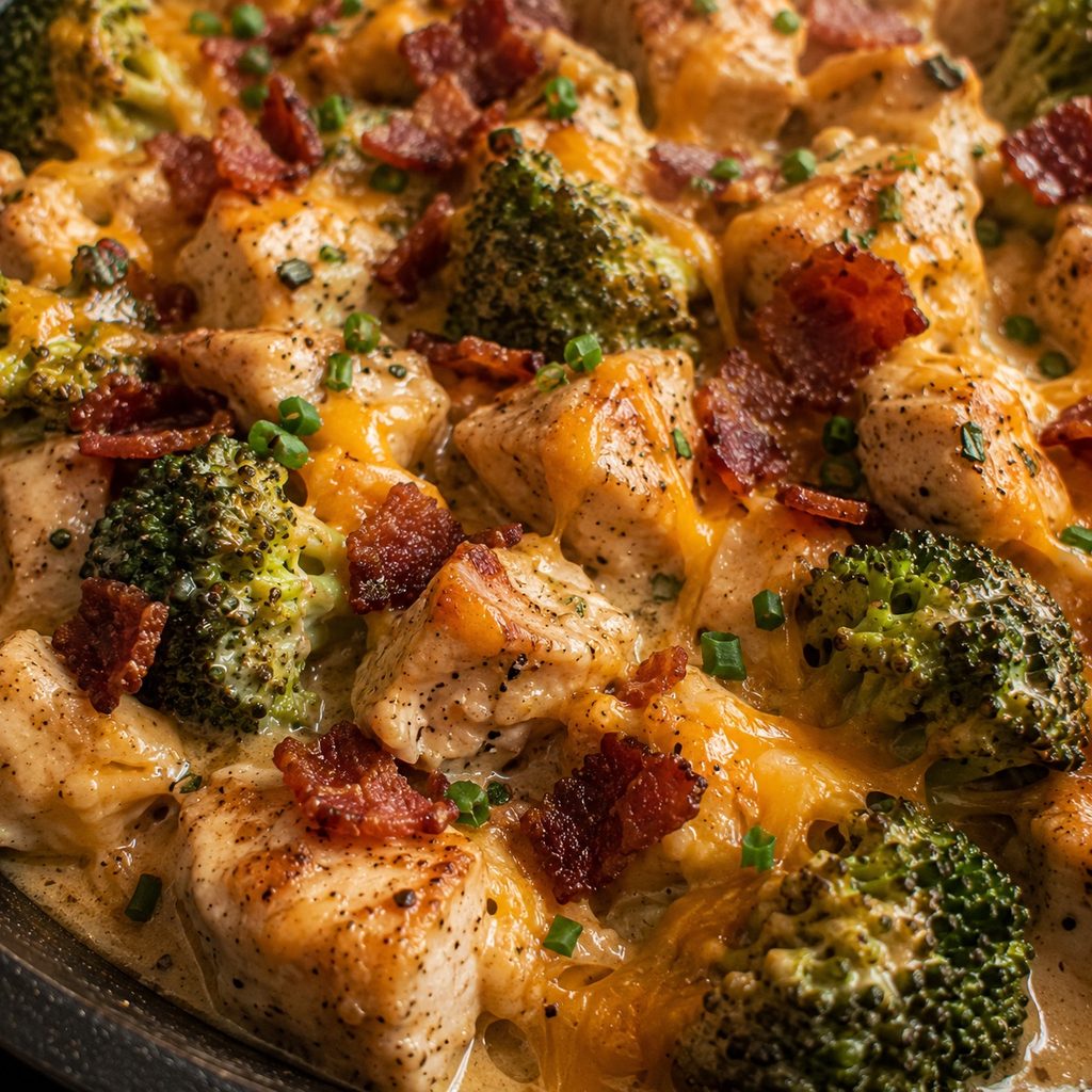 Easy Keto Bacon Ranch Chicken Skillet close up keto bacon ranch chicken skillet