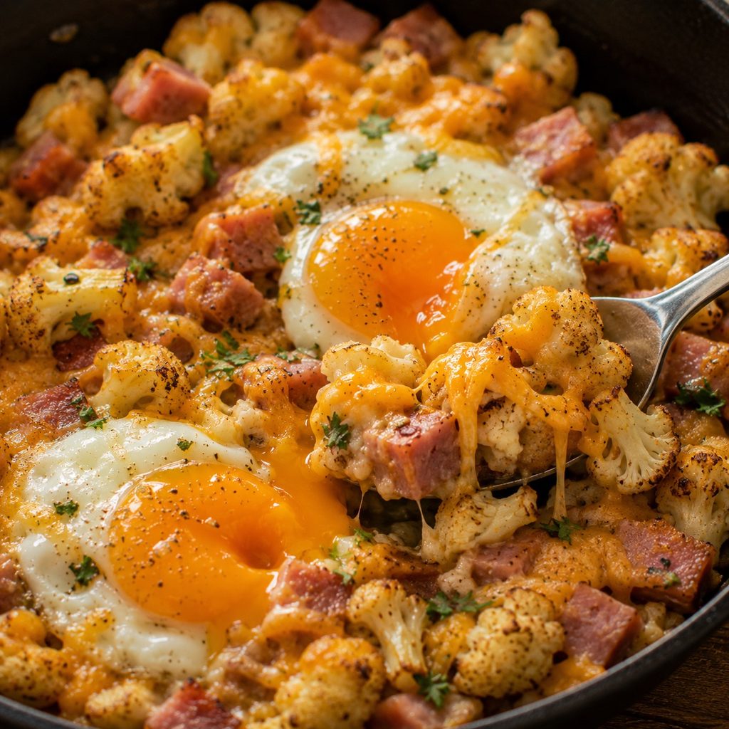 close up keto ham cheese cauliflower hash