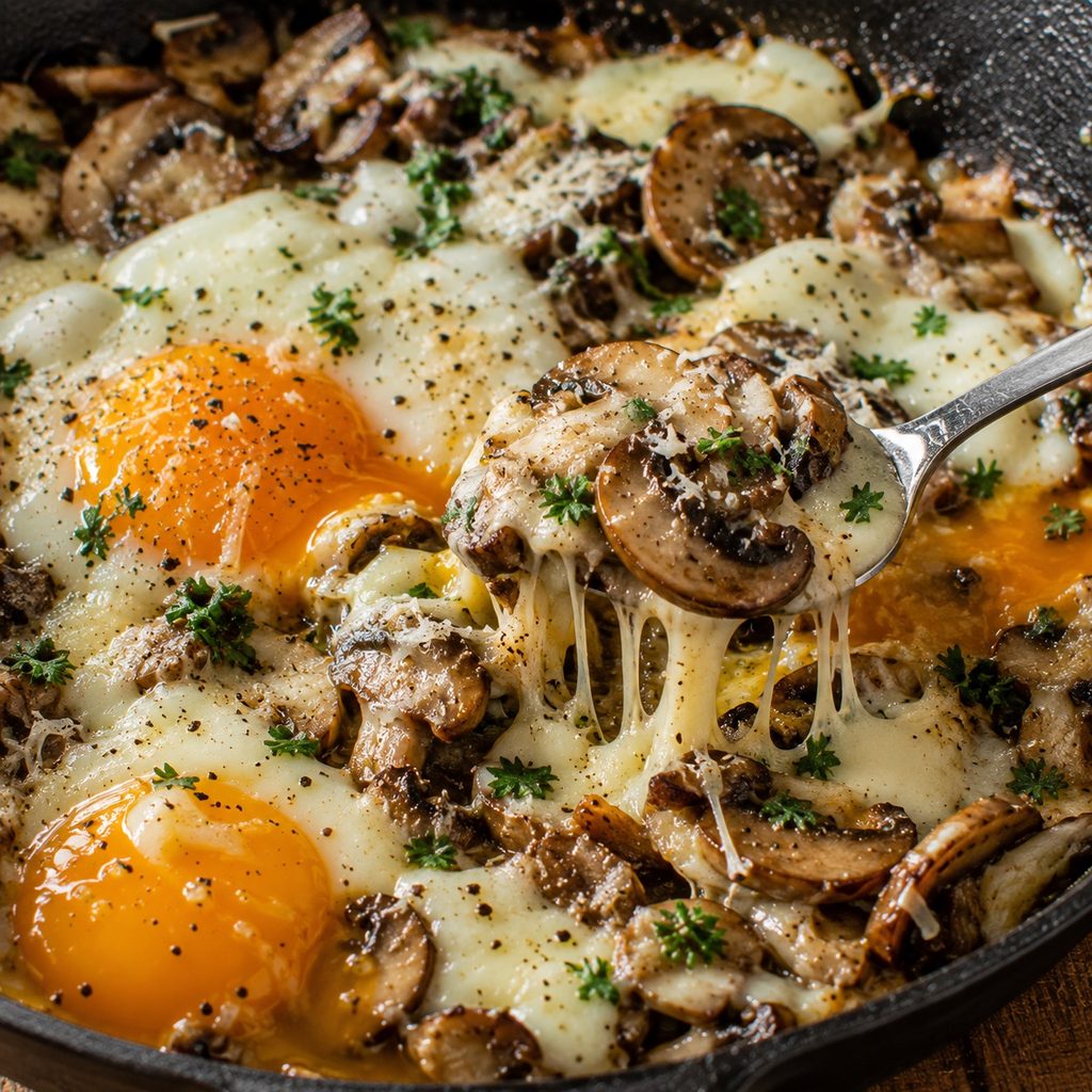Keto Mushroom and Mozzarella Breakfast Skillet close up keto mushroom mozzarella breakfast skillet