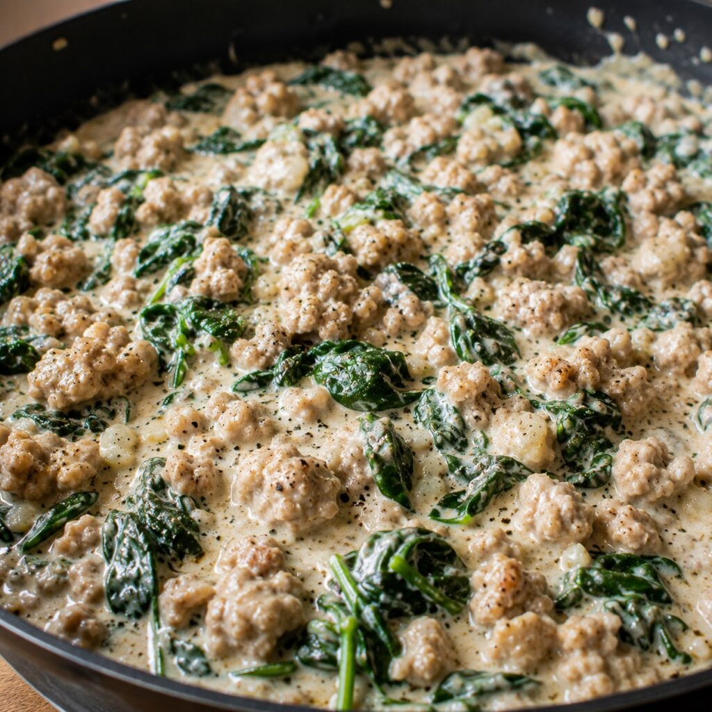 Creamy Spinach Turkey Skillet Healthy Dinner creamy spinach turkey skillet close up