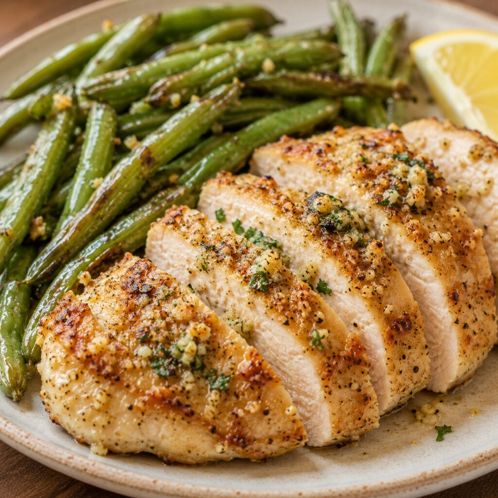 Garlic Parmesan Chicken and Green Beans garlic parmesan chicken green beans close up