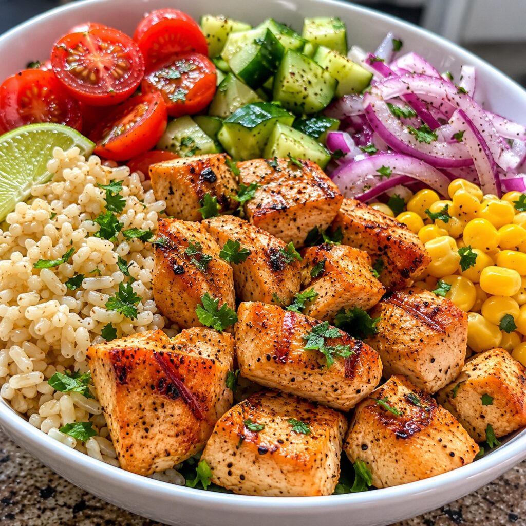 healthy garlic lime chicken rice bowl close up
