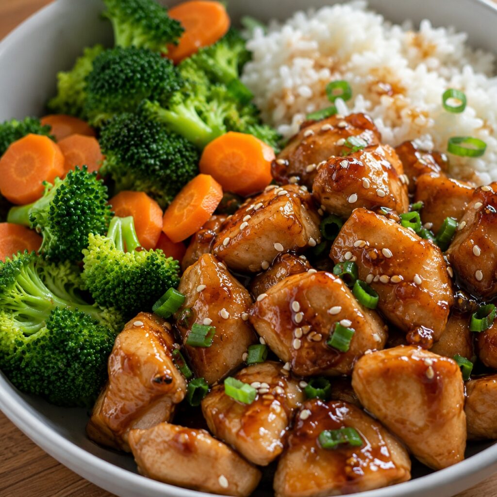 Easy Honey Garlic Chicken Rice Bowl healthy honey garlic chicken rice bowl close up