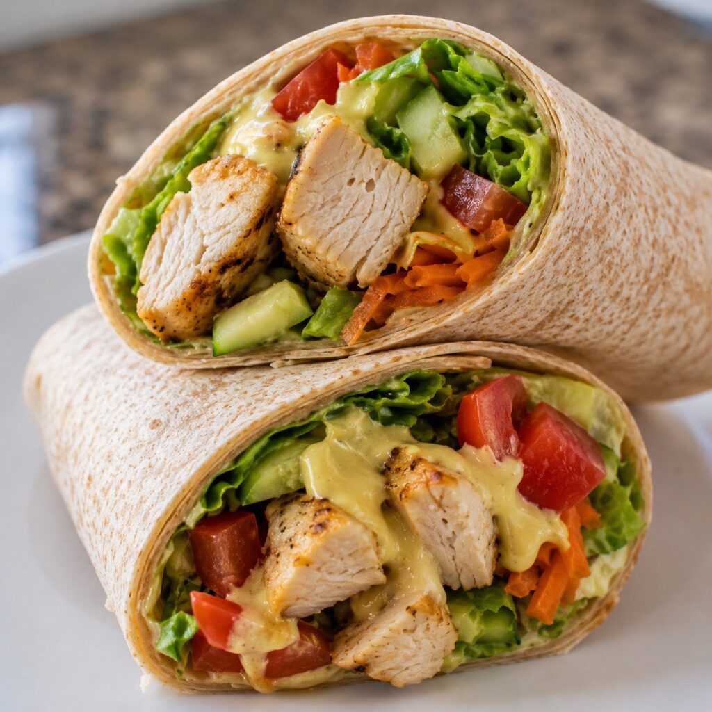 healthy honey mustard chicken wrap close up