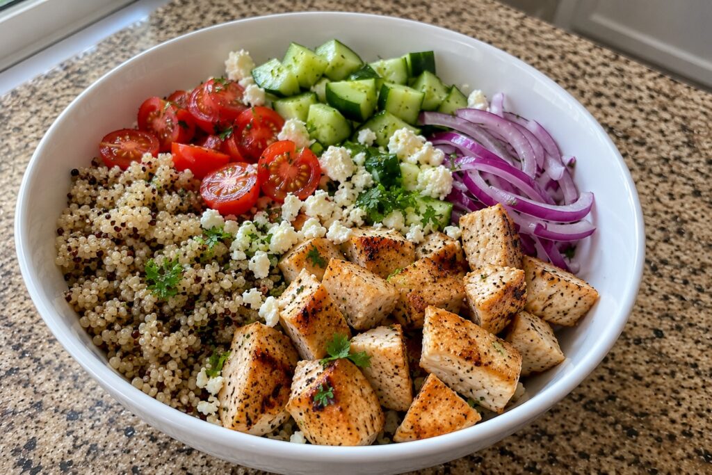healthy mediterranean chicken quinoa bowl